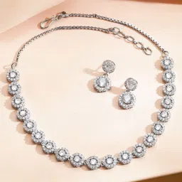 Rubans Rhodium-Plated White Cubic Zirconia Halo Cluster Classic Necklace Set with Earrings image 3