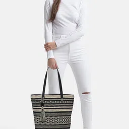 Anouk Black & Off-White Geometric Patterned Shopper Tote Bag with Tasselled Detail image 3
