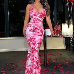 VANGULL Women Floral Printed Halter Neck Sheath Maxi Dress-image-49