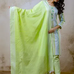 Auzanoor Collection Striped Round Neck Pure Cotton Straight Kurta With Trousers & Dupatta-image-45