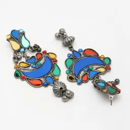 Moedbuille Silver-Plated Stones Studded and Beaded Crescent Shaped Drop Earrings image 3