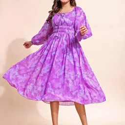 Attire Empire Tie and Dye Print Puff Sleeves Georgette Fit & Flare Midi Dress-picture-26