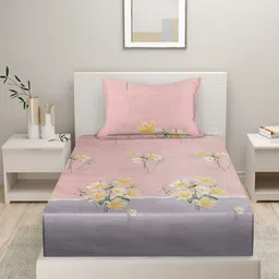 Myntra Elegant Homes Peach-Coloured & Yellow Floral 280 TC Single Bedsheet Set-2.28mx1.52m image 3