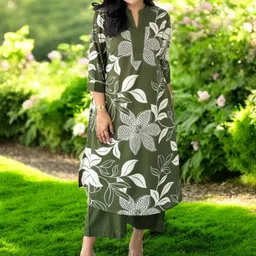 FIDHARA Floral Printed Layered V-Neck Sequinned Pure Silk Kurta With Trousers image 4