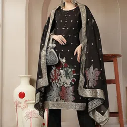 Yufta Women Ethnic Motifs Regular Chanderi Silk Kurta with Trousers & With Dupatta-image-89