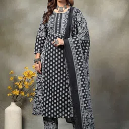 Yufta Floral Printed Sequinned Pure Cotton Kurta With Trousers & Dupatta-picture-35