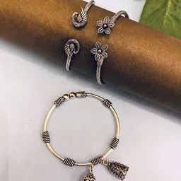 ATIBELLE Set Of 3 Silver-Plated German Silver Floral-Peacock Shaped Bangles-picture-15