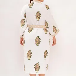 POORAK White Floral Printed Cotton Tie-Ups Knee Length Bath Robe Medium image 4
