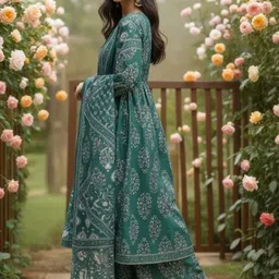 SZN Women Floral Printed Pleated Sequinned Pure Cotton Kurta with Sharara & With Dupatta image 2