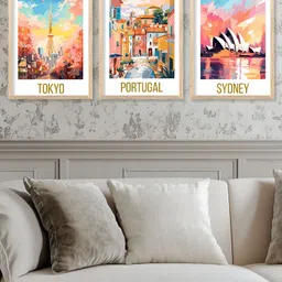 Kotart Brown & Blue 3 Pieces Wooden Travel Wall Arts image 2