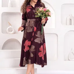 JC4U Floral Printed Shirt Collar Cuffed Sleeves Shirt Midi Dress-image-12