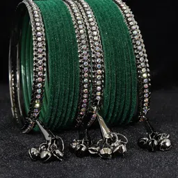 NMII Set Of 16 Silver-Plated Zircon Gemstone Studded & Velvet Latkan Metal Bangles-picture-37