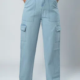 GlamZei Women Pure Cotton Relaxed Fit Denim Cargo Jeans with 6 Pockets-image-3