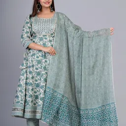 Orna Design Women Floral Printed Pure Cotton Anarkali Kurta with Trouser & Dupatta-picture-13