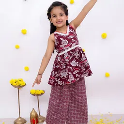 BownBee Girls Floral Printed V-Neck Pure Cotton Kurta With Palazzos-picture-33