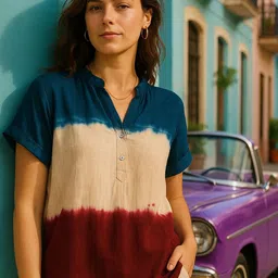CORSICA Women Tie and Dye Dyed Mandarin Collar Short Sleeves Regular Top-image-51