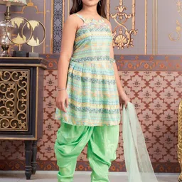 Sangria Girls Floral Printed Shoulder Strap A-Line Pure Silk Kurti With Patiala & Dupatta image 4