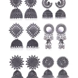 DIVASTRI Set Of 6 Silver-Plated Artificial Stones And Beads Oxidized Jhumkas Earrings-picture-21