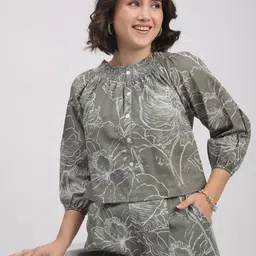 R&B Floral Print Round Neck Puff Sleeve Cotton Top-picture-44