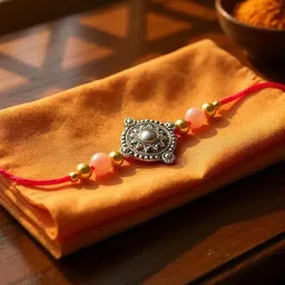LUCKY JEWELLERY 2-Pcs Silver-Plated Charm Rakhi With Roli, Chawal & Greeting Cards. image 3