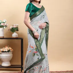 HERE&NOW Floral Printed Zari Pure Linen Banarasi Saree image 5