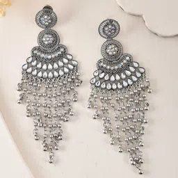 Sangria Stainless Steel Stoned and Beaded Oxidised Contemporary Drop Earrings-picture-34