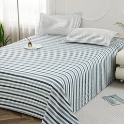 Story@home Aviator Blue & Grey Striped 240 TC Cotton King Bedsheet with 2 Pillow Covers-picture-37