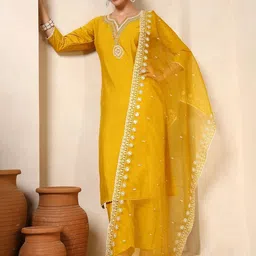 Sangria Floral Embroidered Beads and Stones Straight Kurta with Trouser & Dupatta image 3