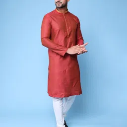 AURIK Men Solid Pure Silk Straight Kurta with Pyjamas image 5