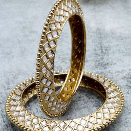 KARATCART Women Set Of 2 Gold Plated White Kundan Studded Mirror Work Bangle-picture-33