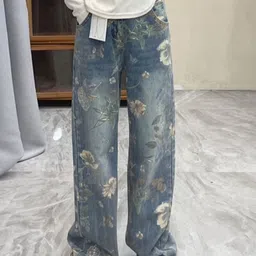 KPOP Women Floral Printed Cotton Original Regular Trousers-image-99