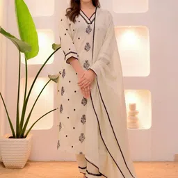 Vastukala Embroidered V-Neck Thread Work Straight Kurta With Trousers & Dupatta image 5