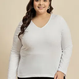 CURVY STREET Women Solid V-Neck Cotton Plus Size T-shirt-image-36