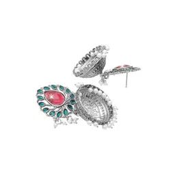 Shining Jewel - By Shivansh Silver-Plated Cubic Zirconia And Pearls Studded Jhumkas image 2