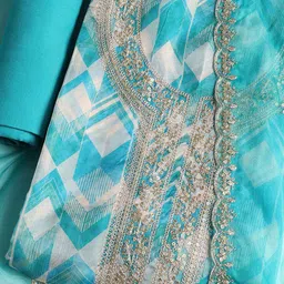 Meena Bazaar Geometric Printed Thread Work Organza Unstitched Dress Material image 4