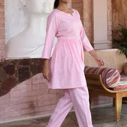 Rangeelo Embroidered & Striped Round Neck Tunic & Trousers Co-Ord Set image 2