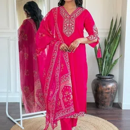 Lookmark Floral Yoke Design V-Neck Thread Work Straight Kurta With Trousers & Dupatta-picture-21