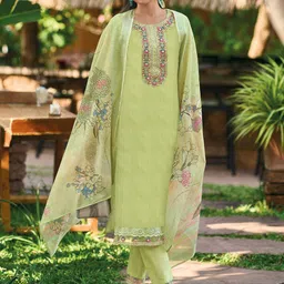 Indo Era Floral Embroidered Pure Cotton Straight Kurta With Trousers & Dupatta-picture-17