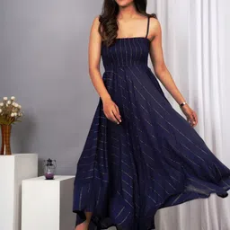 IQRAAR Striped Shoulder Strap Fit & Flare Midi Dress-picture-14