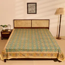 Fabindia Teal Green & Yellow Printed Cotton Double King Bed Cover-image-72