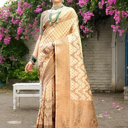 Anouk Cream-Coloured Ethnic Motifs Woven Design Zari Detailed Banarasi Saree-image-72