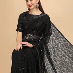 Sangria Black & White Floral Beads and Stones Lace Saree-picture-10