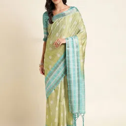 Mitera Green & Blue Ethnic Motifs Printed Zari Pure Silk Saree-image-85