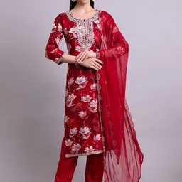 HERE&NOW Women Floral Printed Embroidery Work Kurta & Bottom With Dupatta Set image 2