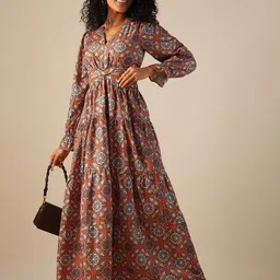 Globus V-Neck Bishop Sleeves Ethnic Printed Cut-Out Detail Fit & Flare Fusion Maxi Dress image 5