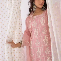Indo Era Women Ethnic Motifs Embroidered Regular Thread Work Kurta with Trousers & With Dupatta image 2