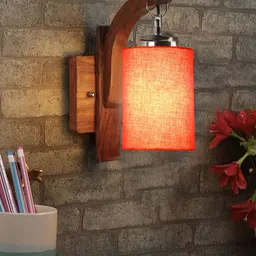 Devansh Orange & Brown Wooden Cylinder Shaped Wall Lamp image 1