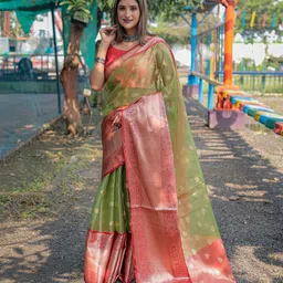 Mitera Green & Pink Woven Design Zari Organza Kanjeevaram Saree-picture-28