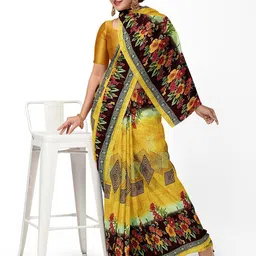 KALINI Yellow & Black Floral Pure Georgette Fusion Dharmavaram Saree image 1