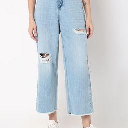 Vero Moda Women Cotton Wide Leg High-Rise Mildly Distressed Heavy Fade Cropped Jeans-picture-5